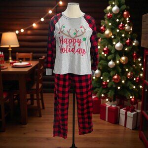 Happy Holidays Pajama Set 1X Buffalo Plaid‎ Christmas Lounge Cozy Soft Winter